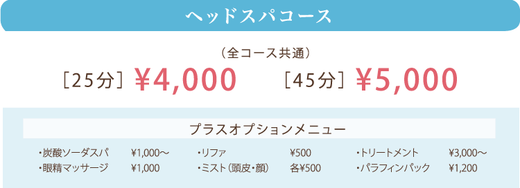 ヘッドスパコース 全コース共通[25分]¥4,000[45分]¥5,000